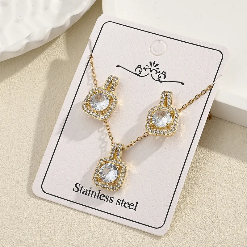 Set De Collar Y Aretes Acero Inoxidable Dije Cristal Y Circonias