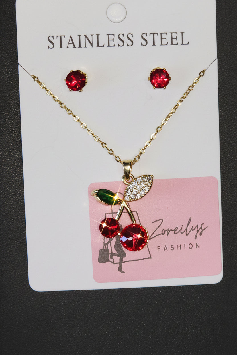 Set de Joyería Coquette Cerezas: Collar y Aretes de Acero Inoxidable y Cristales Facetados