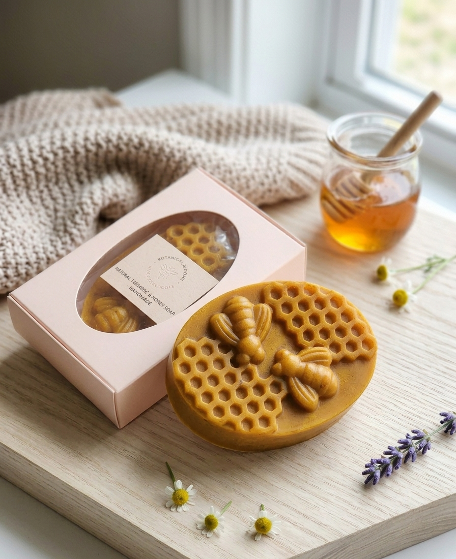 Jabón Artesanal de Cúrcuma y Miel – Brillo Natural y Diseño de Panal
