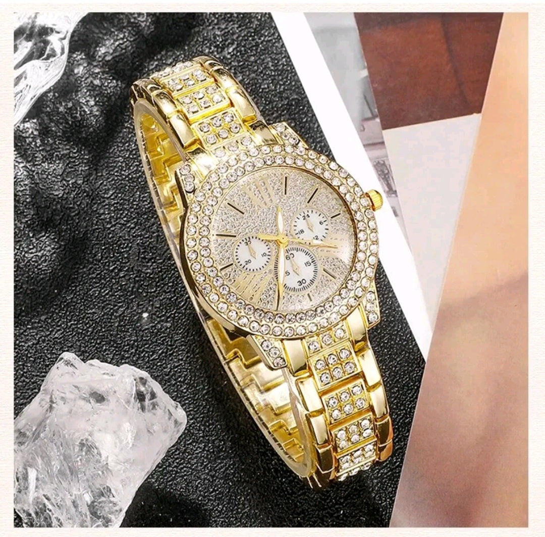 Women's Quartz Watch Gold Rhinestone Wristwatch Ladies Watches Jewelry Set 6pcs