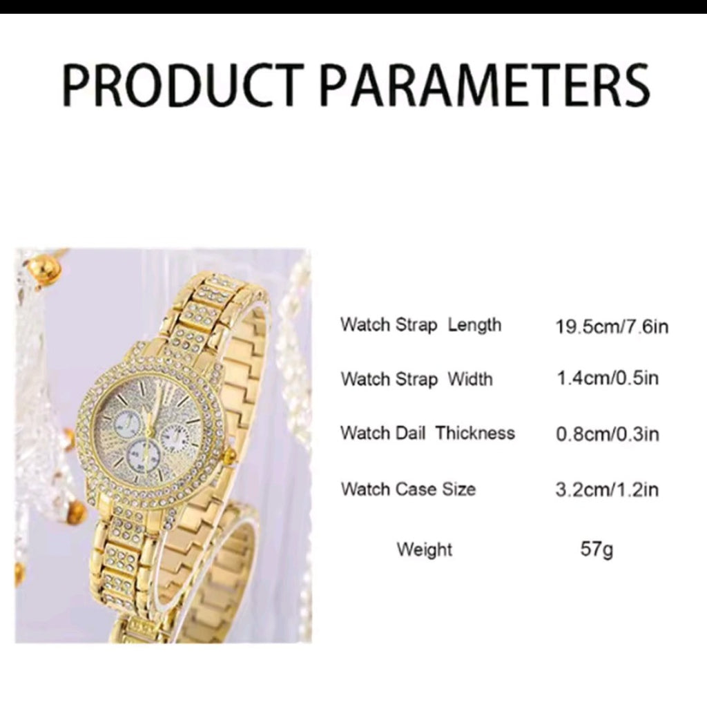Women's Quartz Watch Gold Rhinestone Wristwatch Ladies Watches Jewelry Set 6pcs