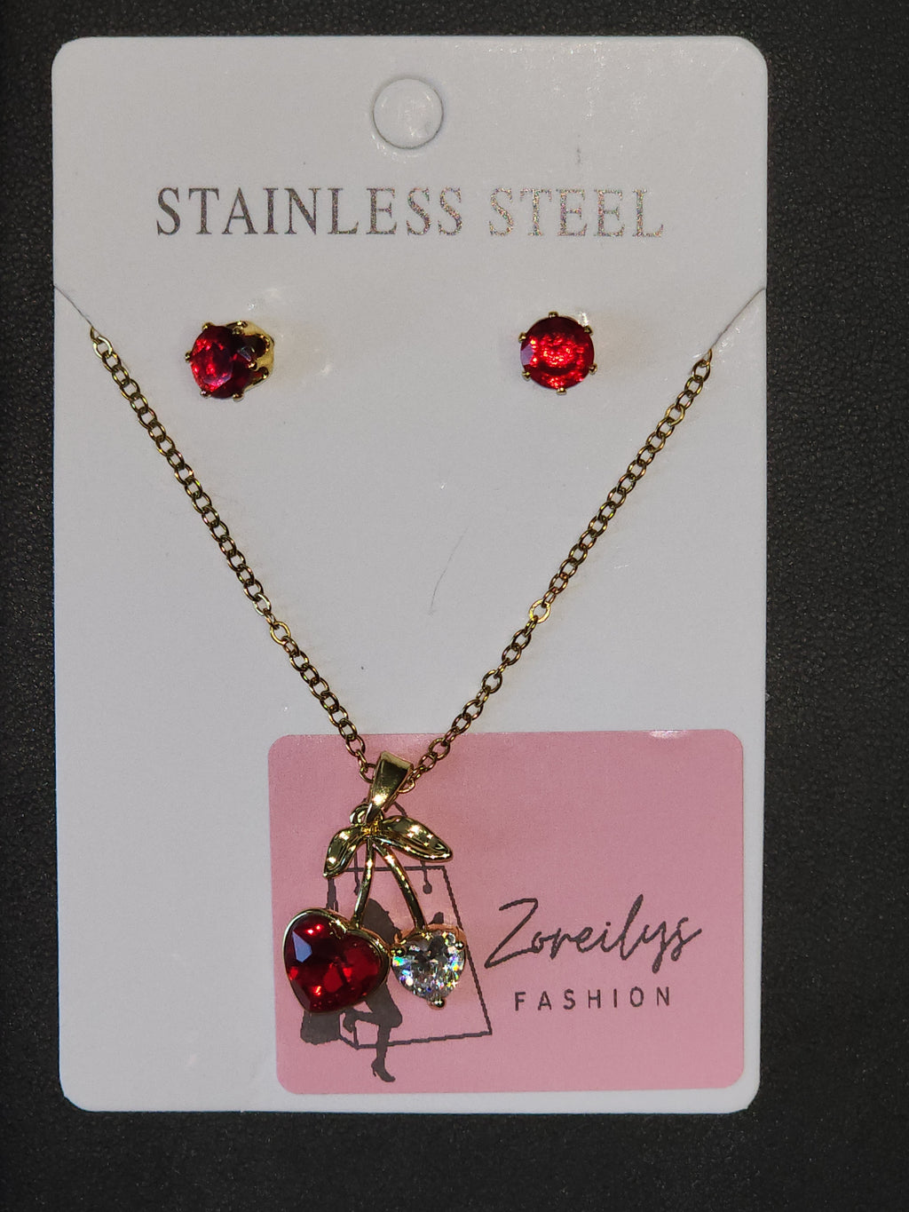 Set de Joyería de Cereza: Collar y Aretes de Acero Inoxidable con Cristales