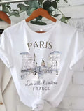Elegant Womens Paris France Print T-Shirt – White Crew Neck Short Sleeve Top ...