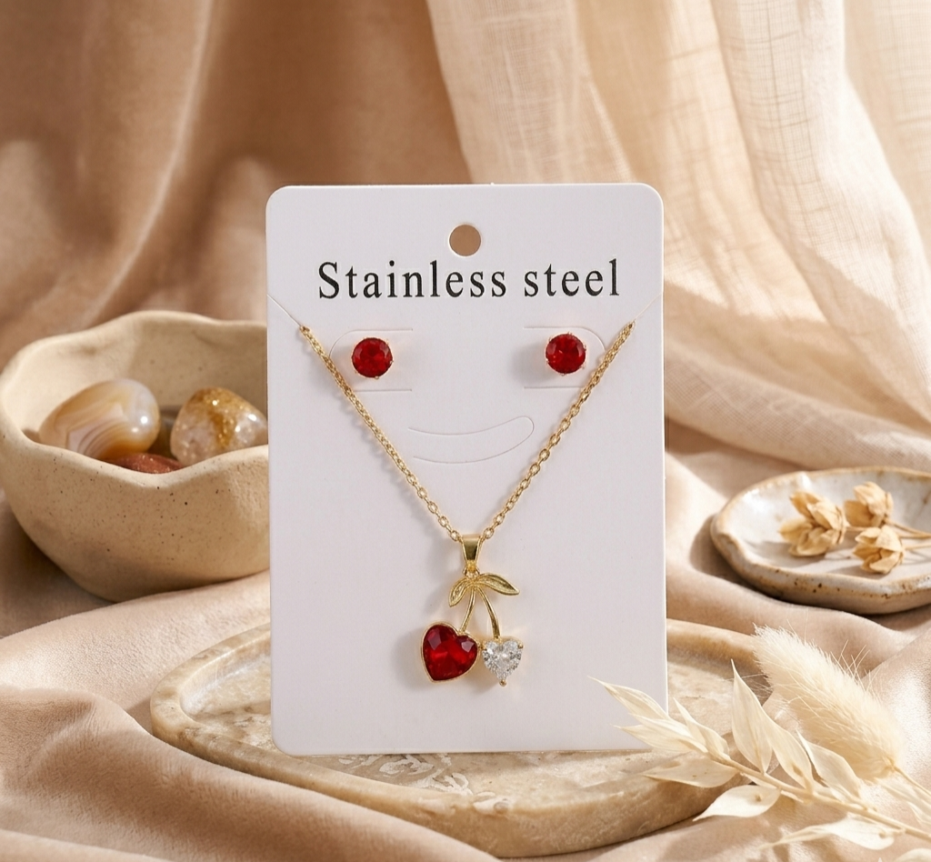 Set de Joyería de Cereza: Collar y Aretes de Acero Inoxidable con Cristales