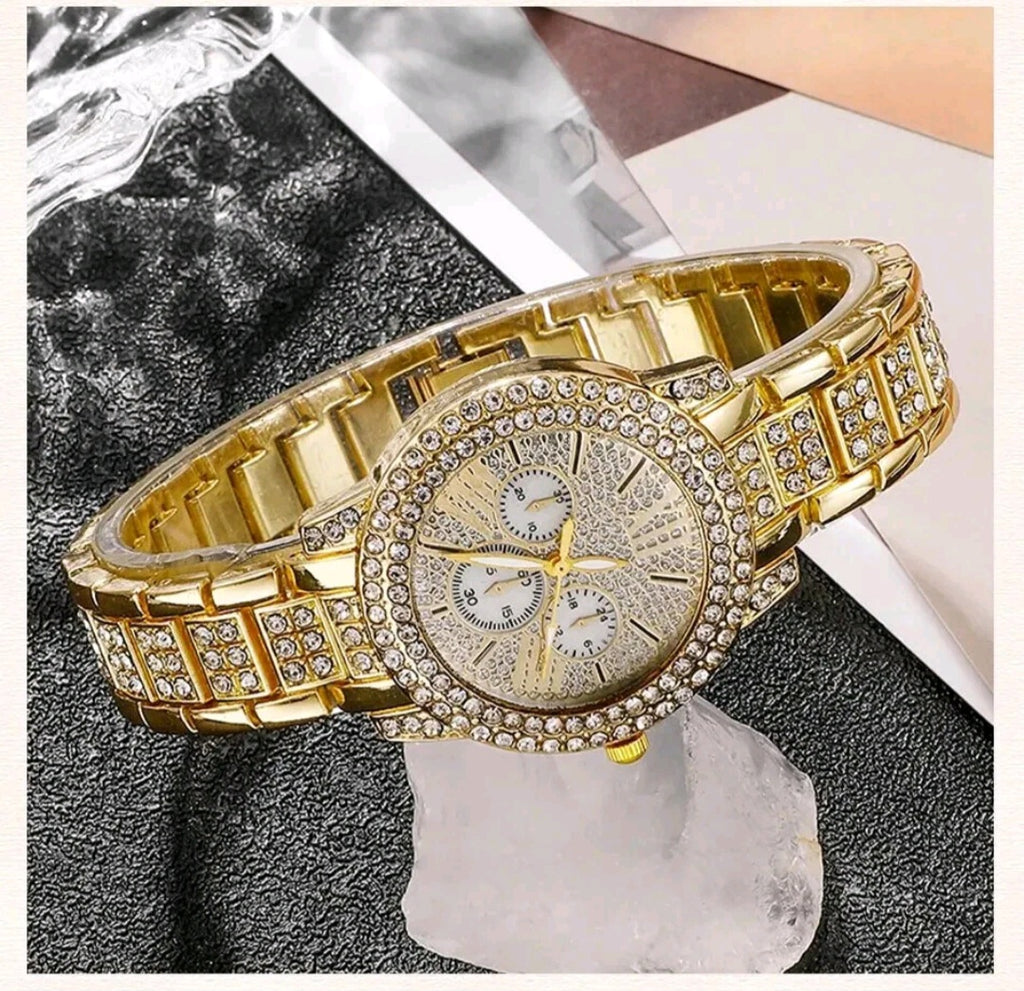 Women's Quartz Watch Gold Rhinestone Wristwatch Ladies Watches Jewelry Set 6pcs