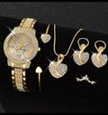 Women's Quartz Watch Gold Rhinestone Wristwatch Ladies Watches Jewelry Set 6pcs