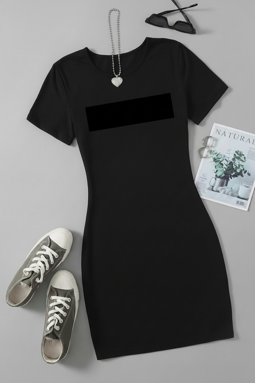 Black T-Shirt Dress Women's Short Sleeve Crew Neck Knee Length