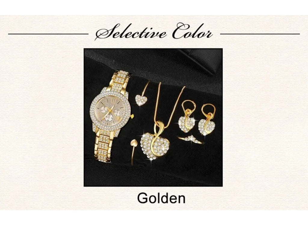 Women's Quartz Watch Gold Rhinestone Wristwatch Ladies Watches Jewelry Set 6pcs