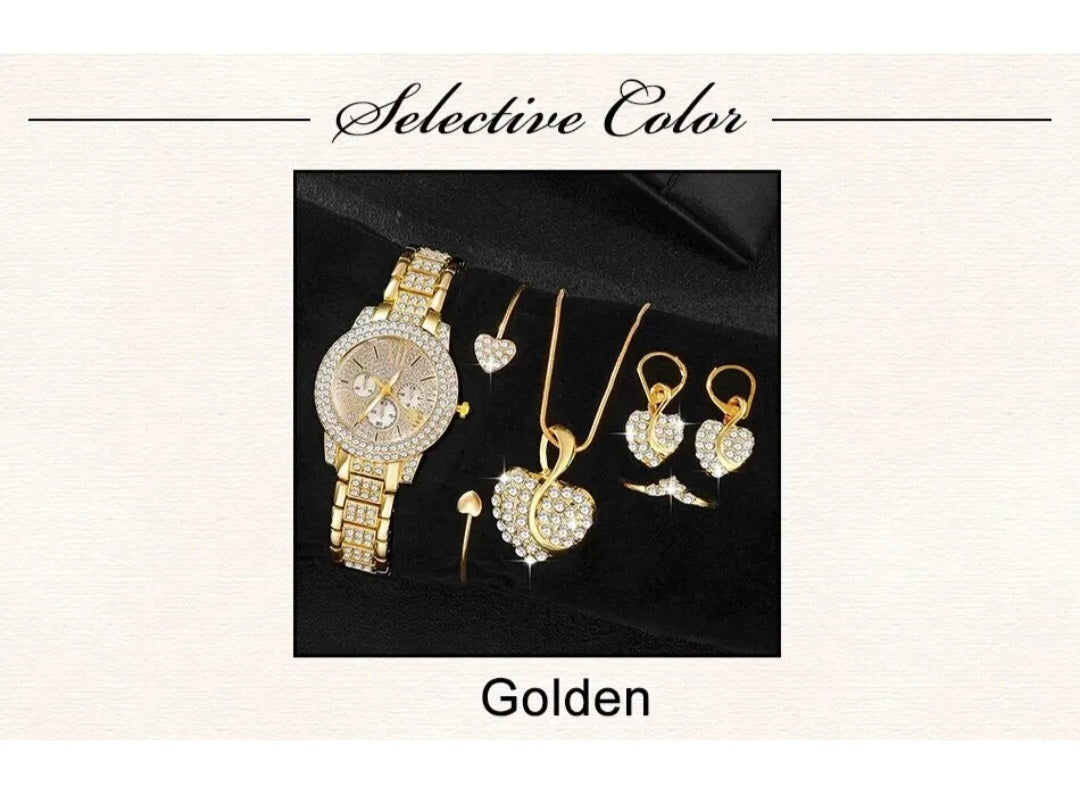 Women's Quartz Watch Gold Rhinestone Wristwatch Ladies Watches Jewelry Set 6pcs